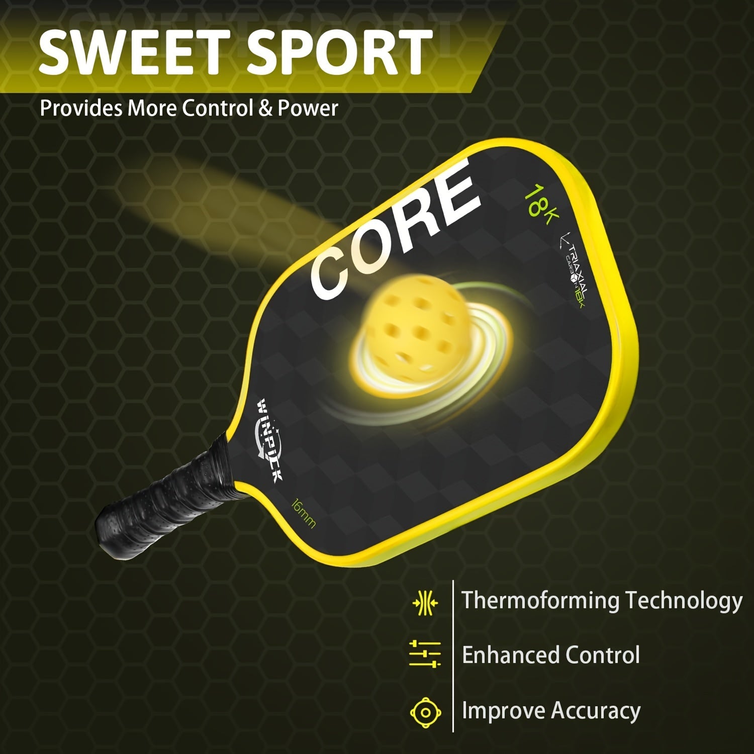 WINPICK 18K Carbon Abrasion Pickleball Paddle – Thermoformed, 16mm Core