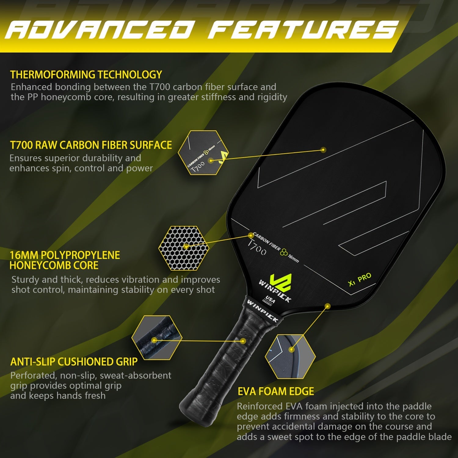 WINPICK T700 Thermoformed Pickleball Paddle – 16mm Honeycomb Core