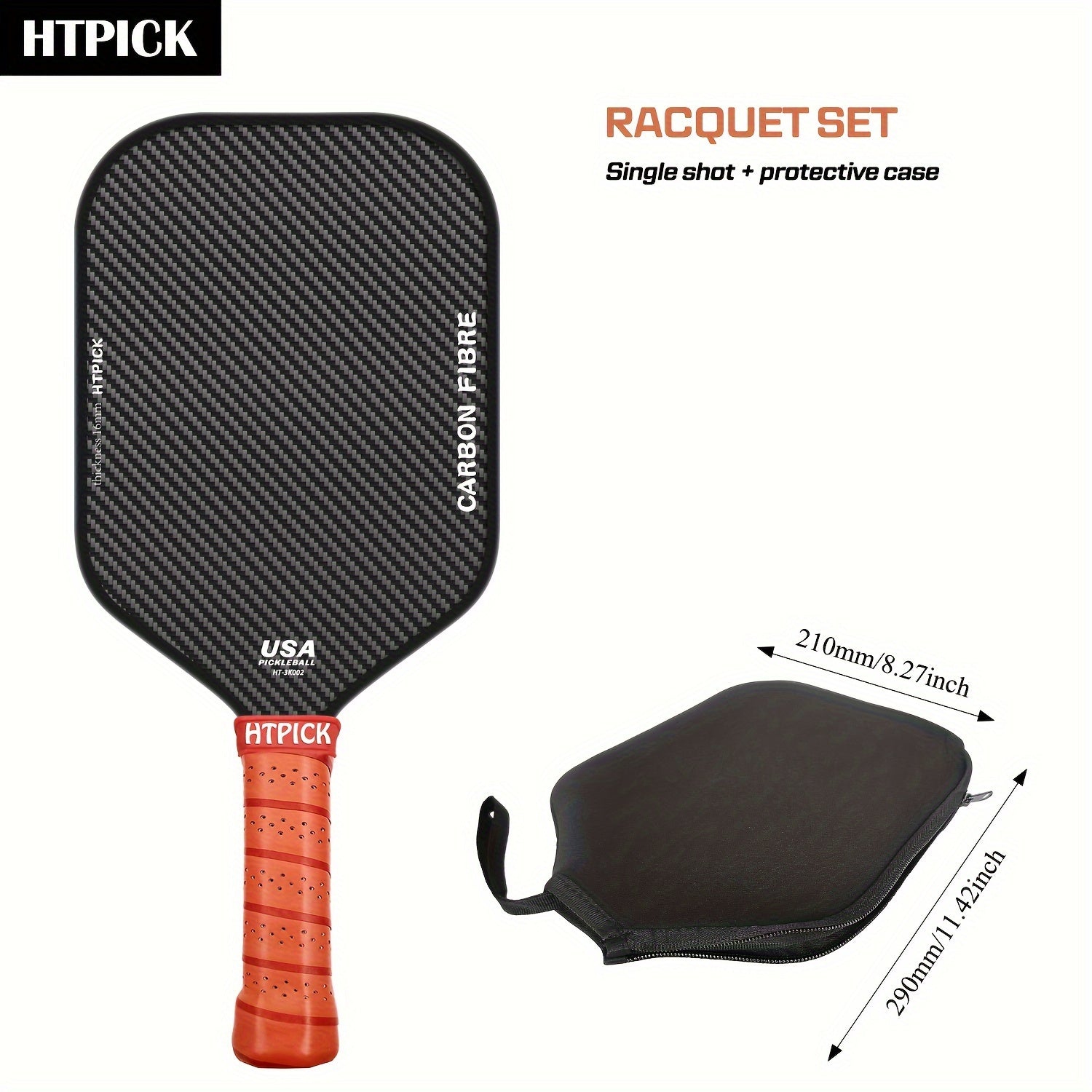 High Spin 3K Raw Carbon Fiber Pickleball Paddle – 16mm Grit Surface