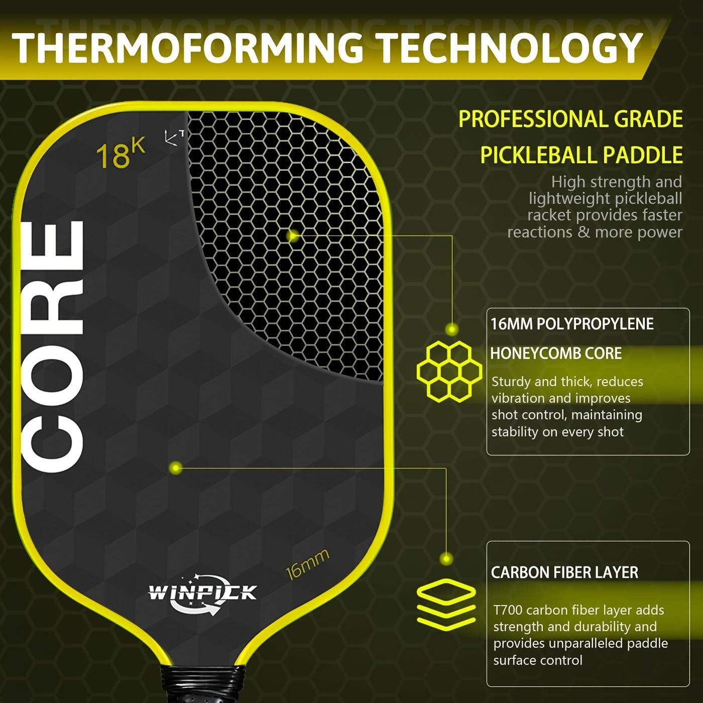 WINPICK 18K Carbon Abrasion Pickleball Paddle – Thermoformed, 16mm Core