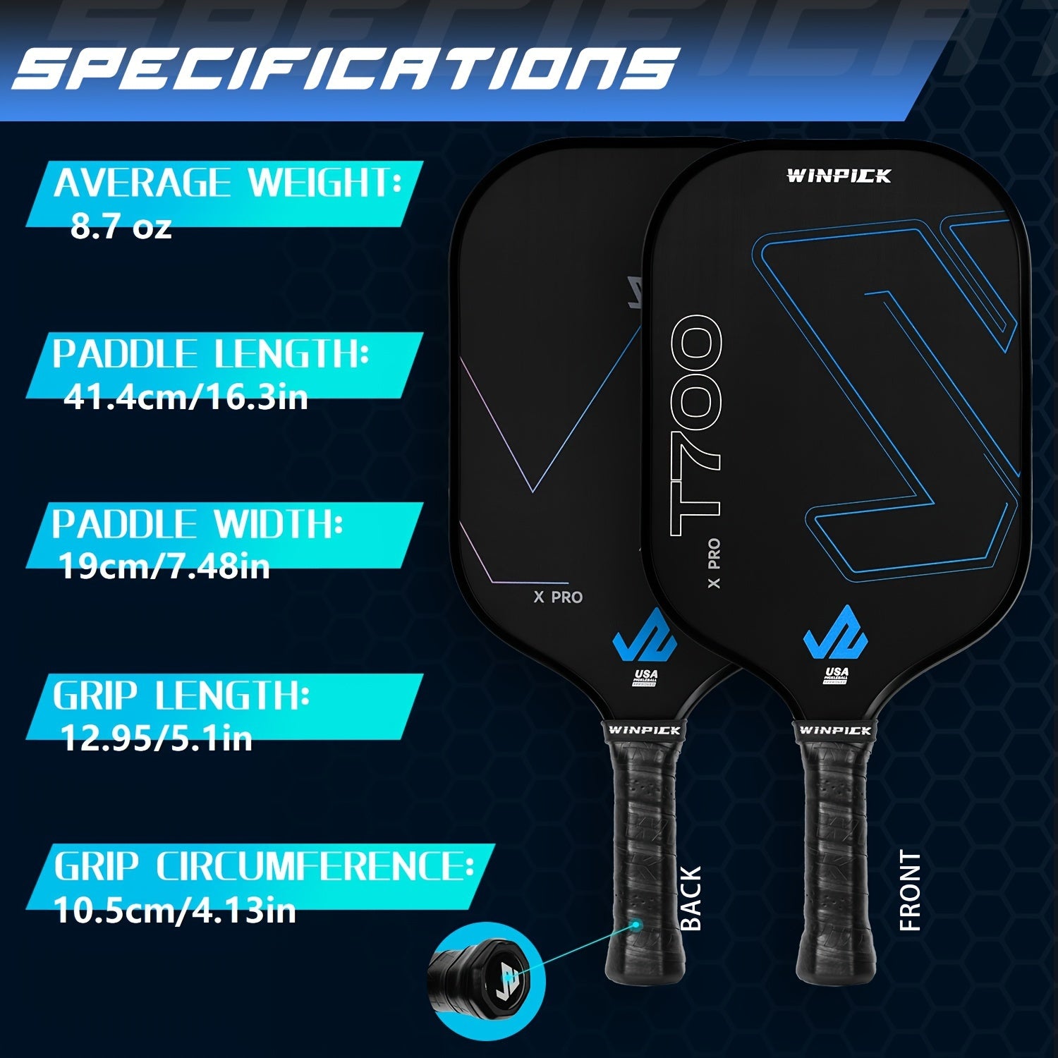 WINPICK Raw T700 Carbon Fiber Pickleball Paddle – 16mm Core