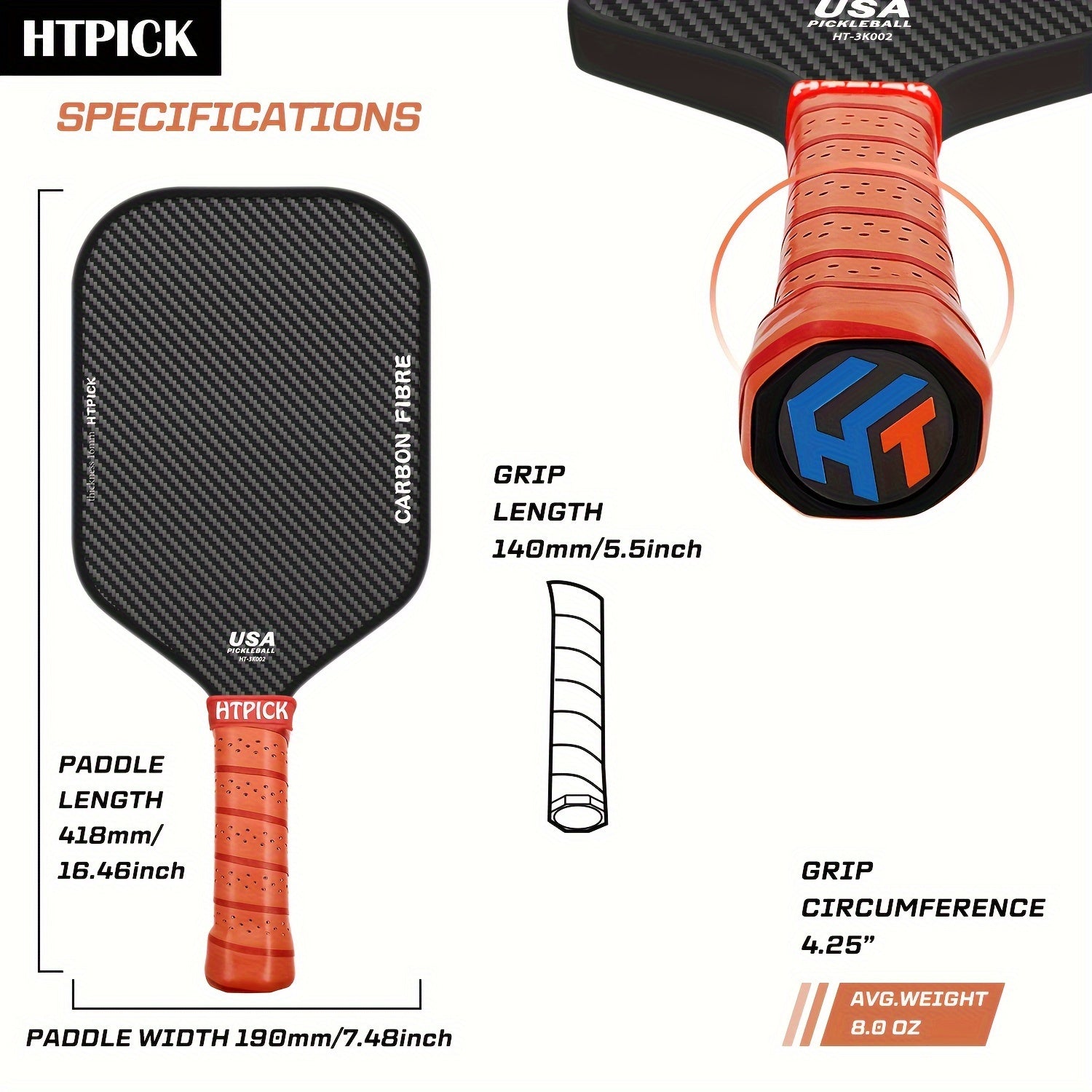 High Spin 3K Raw Carbon Fiber Pickleball Paddle – 16mm Grit Surface