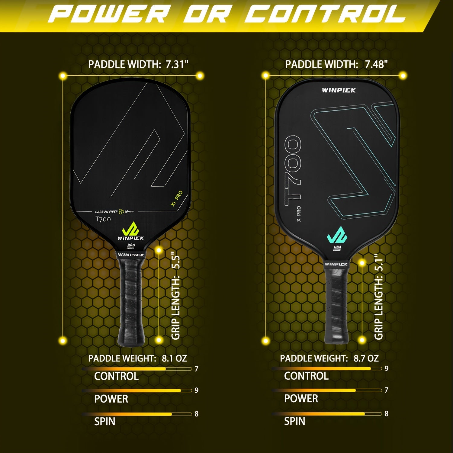 WINPICK T700 Thermoformed Pickleball Paddle – 16mm Honeycomb Core