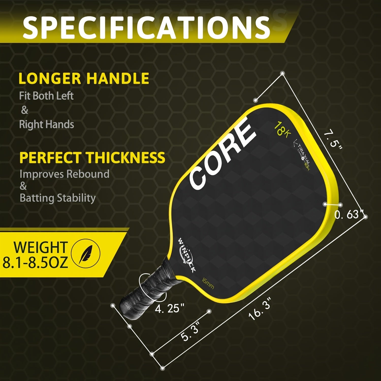 WINPICK 18K Carbon Abrasion Pickleball Paddle – Thermoformed, 16mm Core