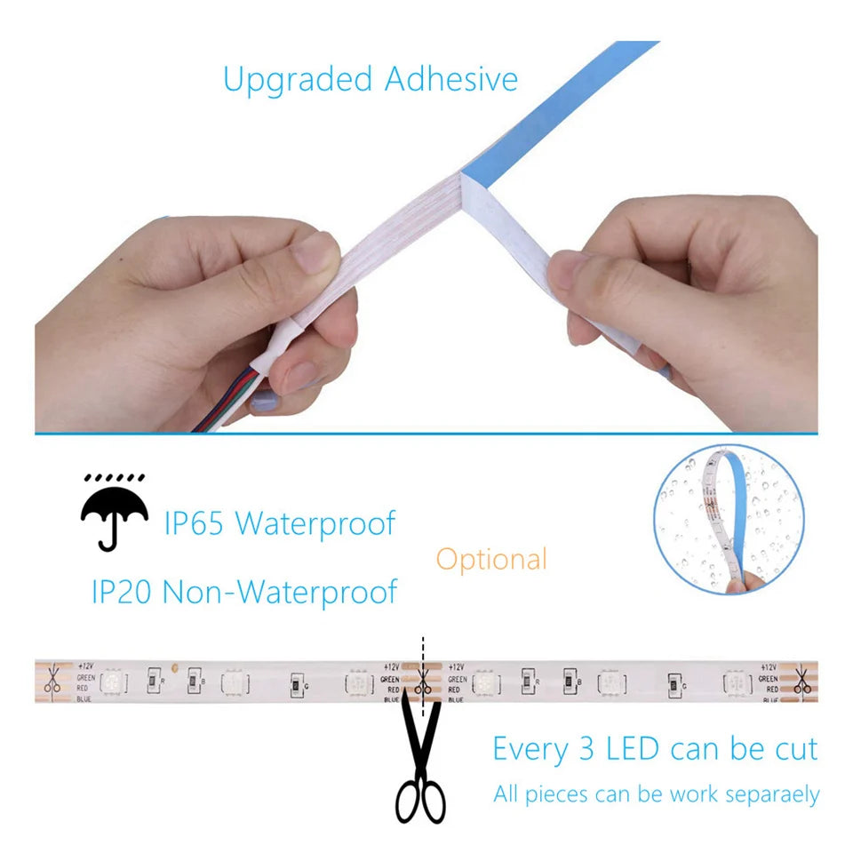 RGB Led Strip Light 12V SMD5050 5M 10M 15M 20M Smart Bluetooth Flexible Tape Lamp Remote Control Christmas Holiday Decoration