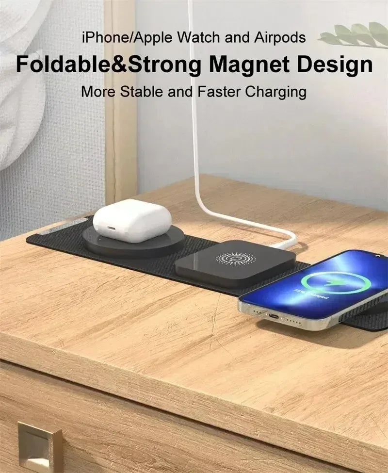 3-in-1 Magnetic Wireless Charger Dock Fabric Art Foldable Portable Fast Charging Station For Magsafe iPhone 16~12 AirPods iWatch