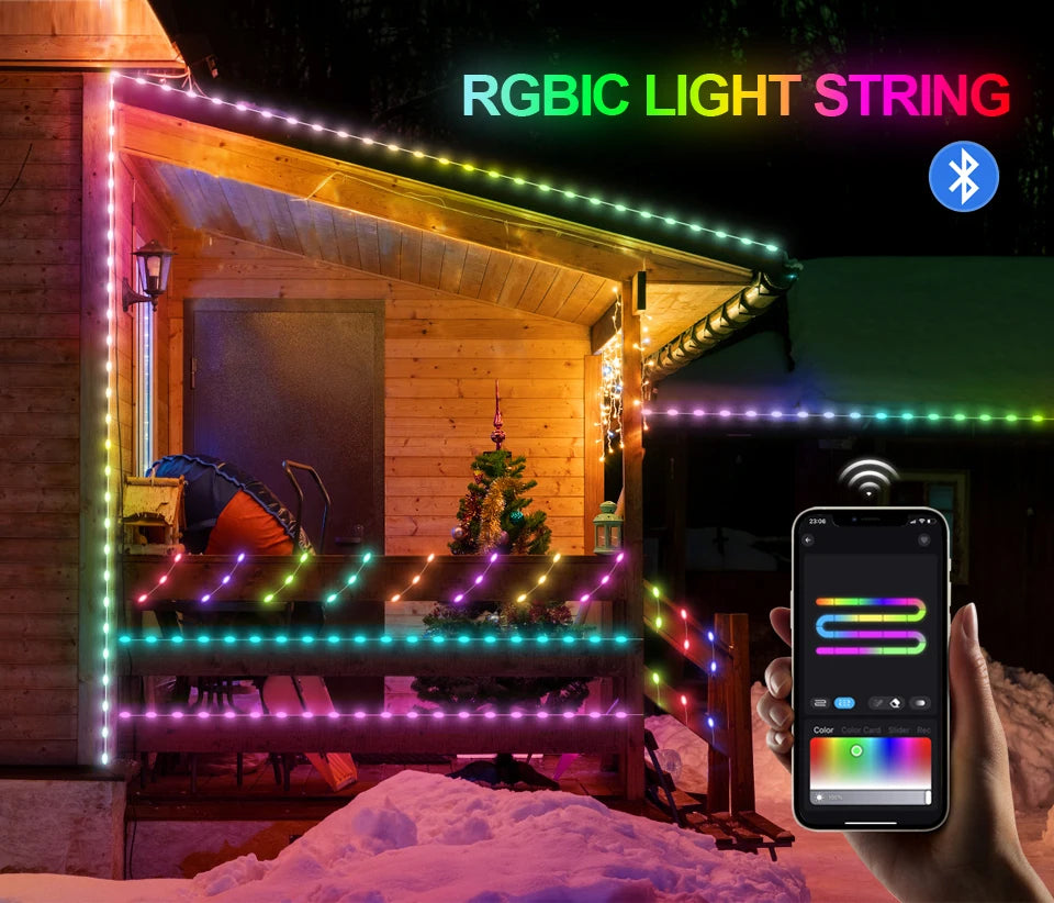 Smart RGBIC LED Strip Light, Bluetooth, USB, 20m, Waterproof, String Light, Room, Outdoor, Garden, Fairy Lights, DIY Decoration