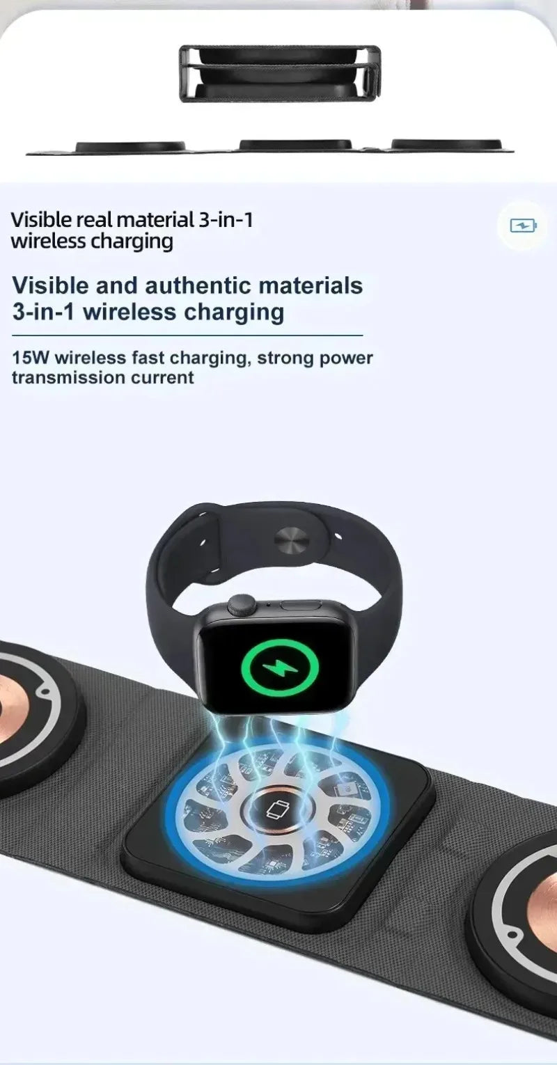 3-in-1 Magnetic Wireless Charger Dock Fabric Art Foldable Portable Fast Charging Station For Magsafe iPhone 16~12 AirPods iWatch
