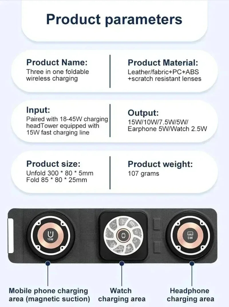 3-in-1 Magnetic Wireless Charger Dock Fabric Art Foldable Portable Fast Charging Station For Magsafe iPhone 16~12 AirPods iWatch
