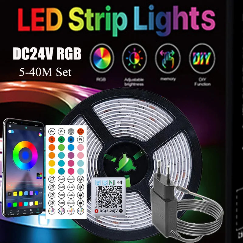 10m 20m 30m 40m Smart RGB LED Strip Lights Bluetooth App Control Music Sync DC24V LED RGB Tape Backing for Bedroom Home Decor