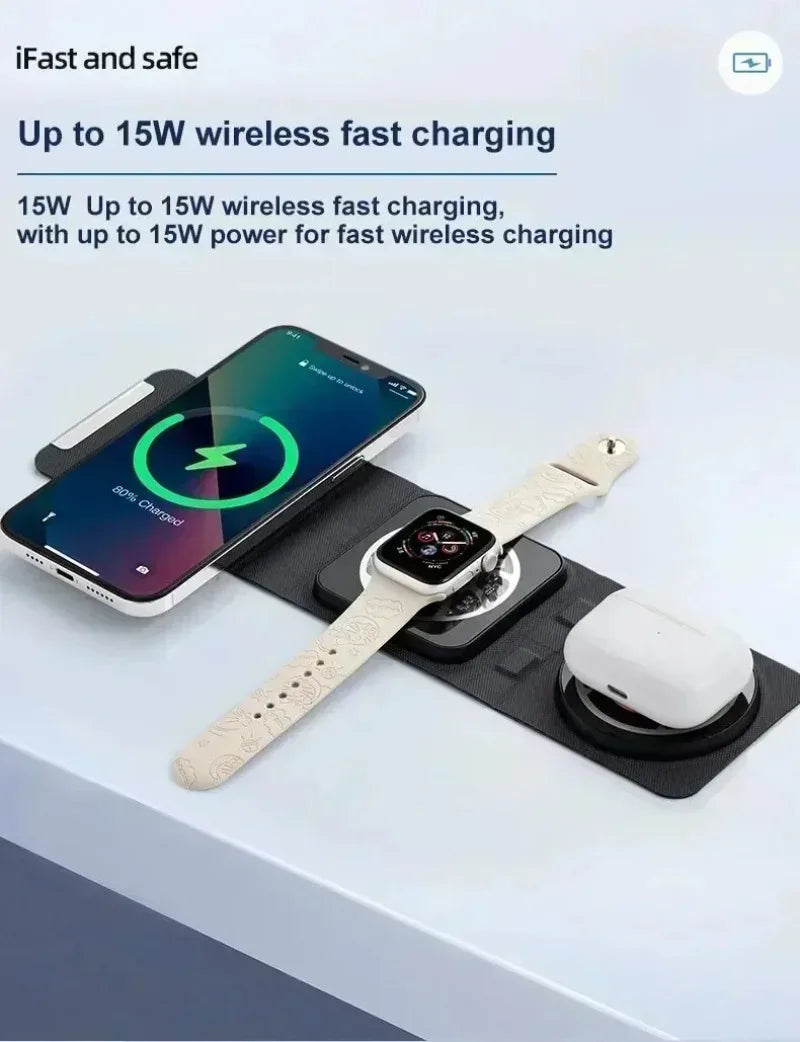 3-in-1 Magnetic Wireless Charger Dock Fabric Art Foldable Portable Fast Charging Station For Magsafe iPhone 16~12 AirPods iWatch