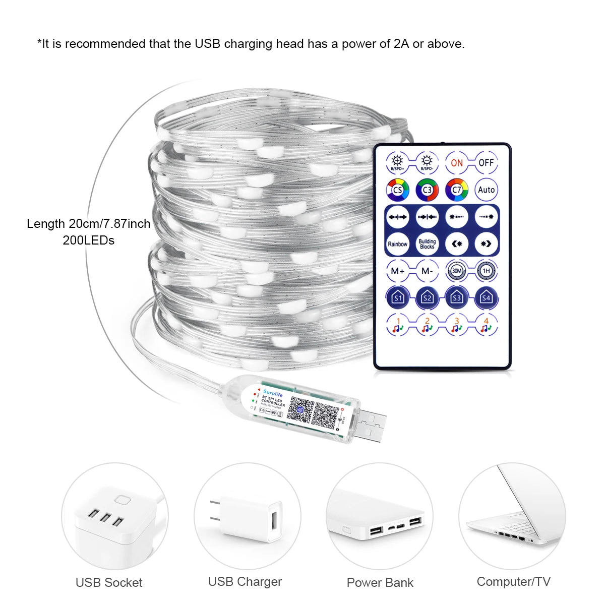 Smart RGBIC LED Strip Light, Bluetooth, USB, 20m, Waterproof, String Light, Room, Outdoor, Garden, Fairy Lights, DIY Decoration
