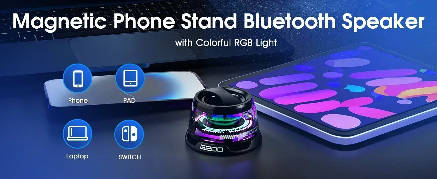 G200 Portable Bluetooth Speaker: Bluetooth 5.3 + RGB Ambient Light, long battery life and Magnetic Phone Stand Function