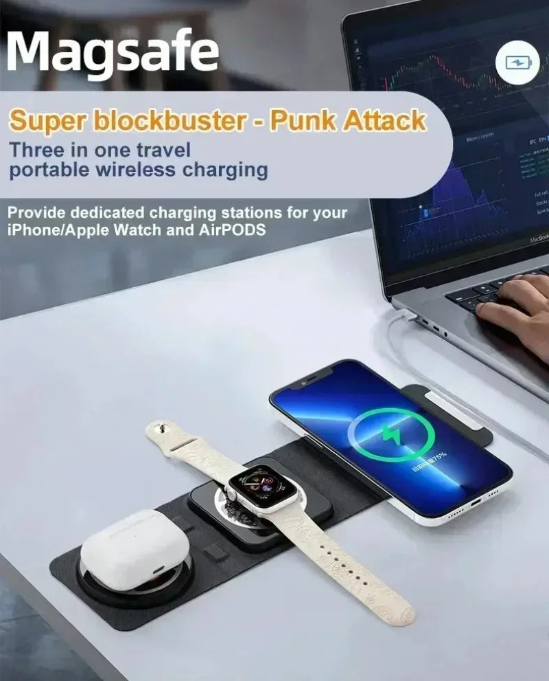 3-in-1 Magnetic Wireless Charger Dock Fabric Art Foldable Portable Fast Charging Station For Magsafe iPhone 16~12 AirPods iWatch