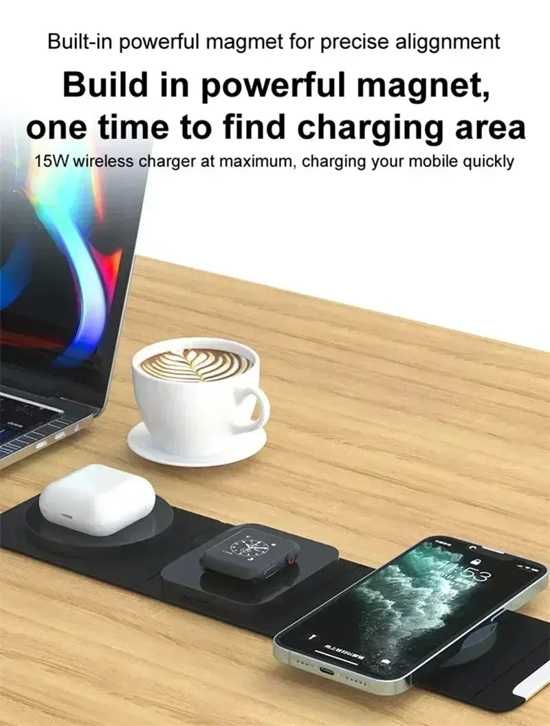 3-in-1 Magnetic Wireless Charger Dock Fabric Art Foldable Portable Fast Charging Station For Magsafe iPhone 16~12 AirPods iWatch