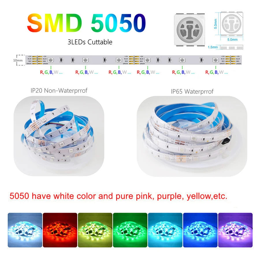 RGB Led Strip Light 12V SMD5050 5M 10M 15M 20M Smart Bluetooth Flexible Tape Lamp Remote Control Christmas Holiday Decoration