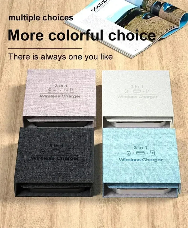 3-in-1 Magnetic Wireless Charger Dock Fabric Art Foldable Portable Fast Charging Station For Magsafe iPhone 16~12 AirPods iWatch
