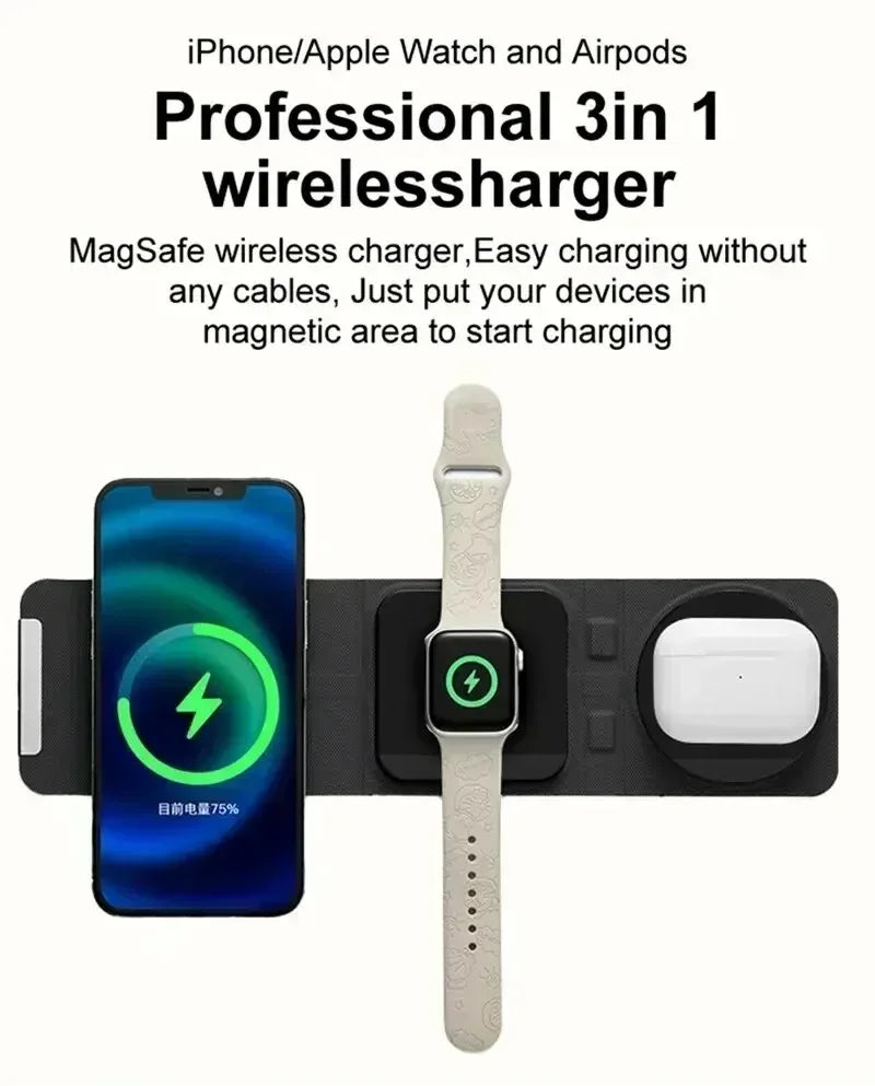 3-in-1 Magnetic Wireless Charger Dock Fabric Art Foldable Portable Fast Charging Station For Magsafe iPhone 16~12 AirPods iWatch