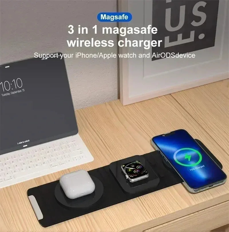 3-in-1 Magnetic Wireless Charger Dock Fabric Art Foldable Portable Fast Charging Station For Magsafe iPhone 16~12 AirPods iWatch