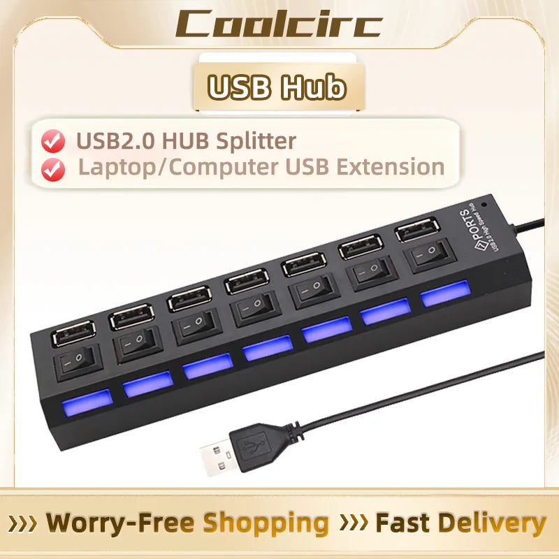 Coolcirc 7-Port USB 2.0 Switch Extension Hub - 1 to 7 USB Splitter for PC/Laptop/Desktop (Quick-Connect, Multi-Device Expansion)