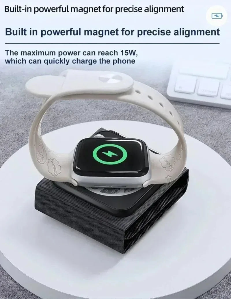3-in-1 Magnetic Wireless Charger Dock Fabric Art Foldable Portable Fast Charging Station For Magsafe iPhone 16~12 AirPods iWatch