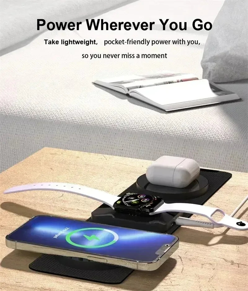 3-in-1 Magnetic Wireless Charger Dock Fabric Art Foldable Portable Fast Charging Station For Magsafe iPhone 16~12 AirPods iWatch
