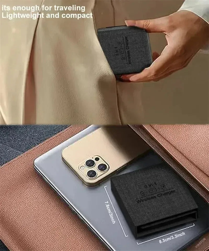 3-in-1 Magnetic Wireless Charger Dock Fabric Art Foldable Portable Fast Charging Station For Magsafe iPhone 16~12 AirPods iWatch