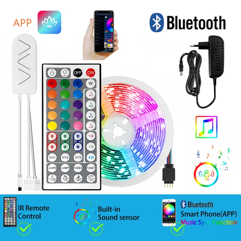 RGB Led Strip Light 12V SMD5050 5M 10M 15M 20M Smart Bluetooth Flexible Tape Lamp Remote Control Christmas Holiday Decoration