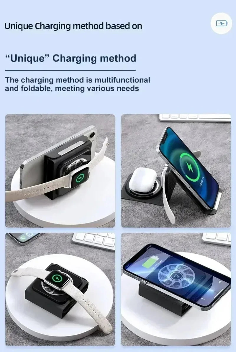 3-in-1 Magnetic Wireless Charger Dock Fabric Art Foldable Portable Fast Charging Station For Magsafe iPhone 16~12 AirPods iWatch