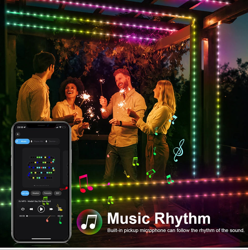 Smart RGBIC LED Strip Light, Bluetooth, USB, 20m, Waterproof, String Light, Room, Outdoor, Garden, Fairy Lights, DIY Decoration
