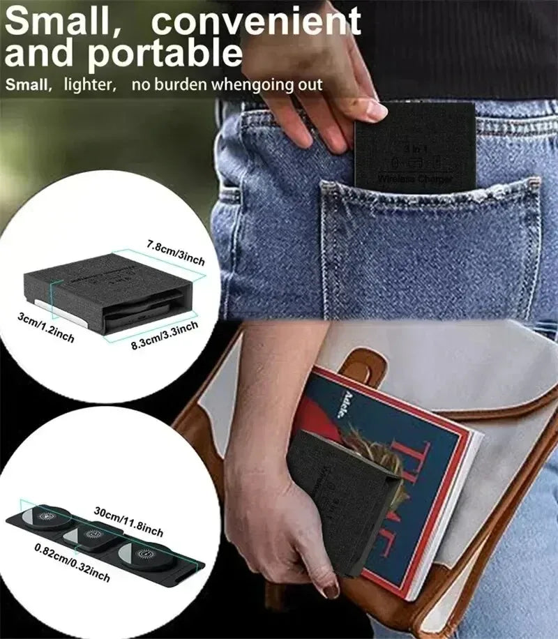 3-in-1 Magnetic Wireless Charger Dock Fabric Art Foldable Portable Fast Charging Station For Magsafe iPhone 16~12 AirPods iWatch