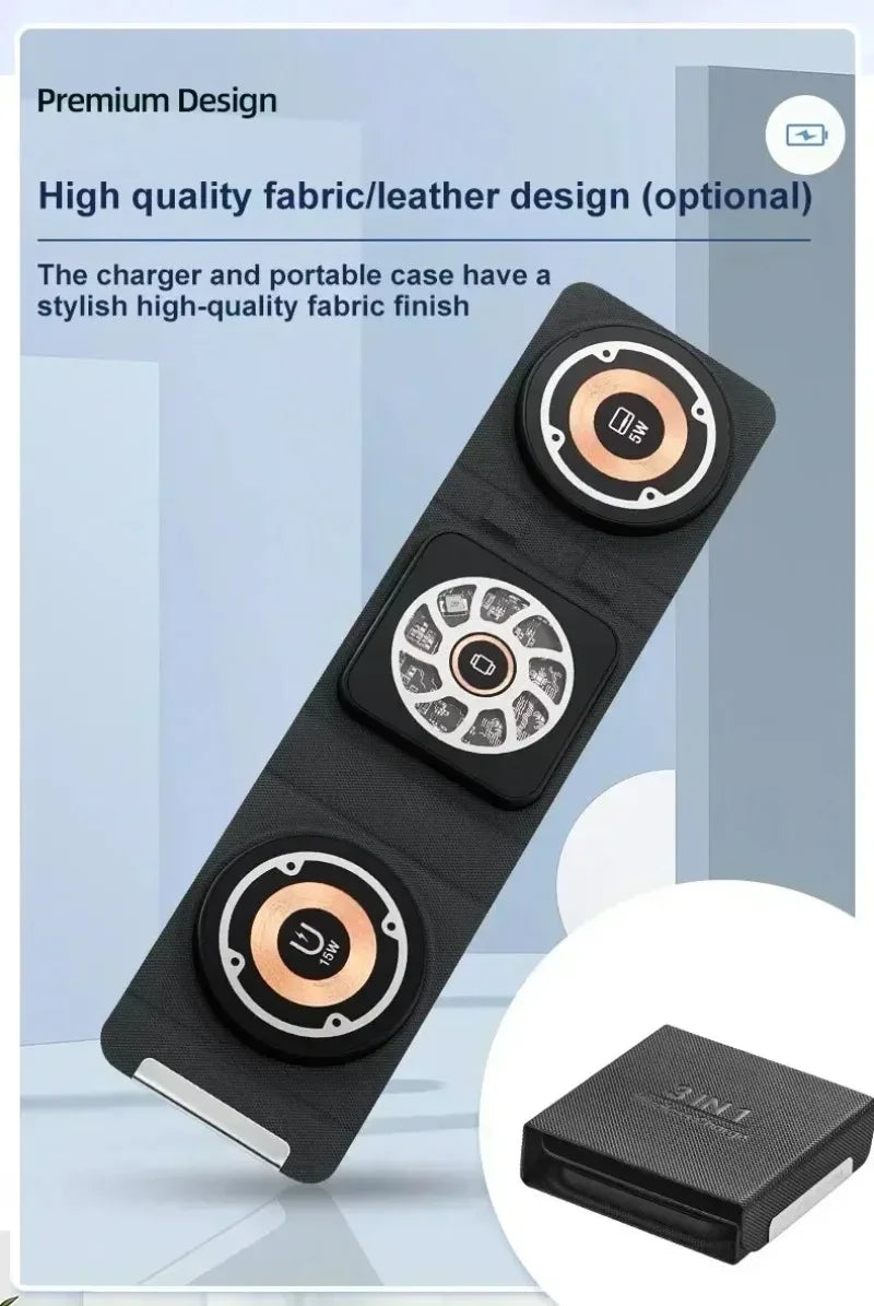 3-in-1 Magnetic Wireless Charger Dock Fabric Art Foldable Portable Fast Charging Station For Magsafe iPhone 16~12 AirPods iWatch