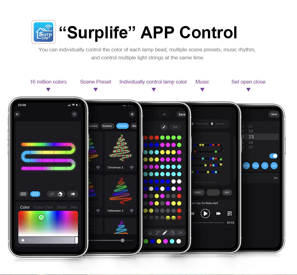 Smart RGBIC LED Strip Light, Bluetooth, USB, 20m, Waterproof, String Light, Room, Outdoor, Garden, Fairy Lights, DIY Decoration