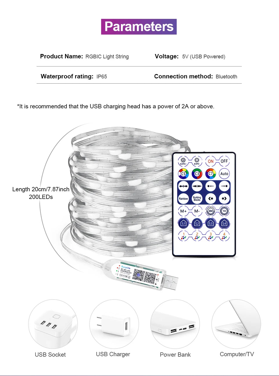 Smart RGBIC LED Strip Light, Bluetooth, USB, 20m, Waterproof, String Light, Room, Outdoor, Garden, Fairy Lights, DIY Decoration