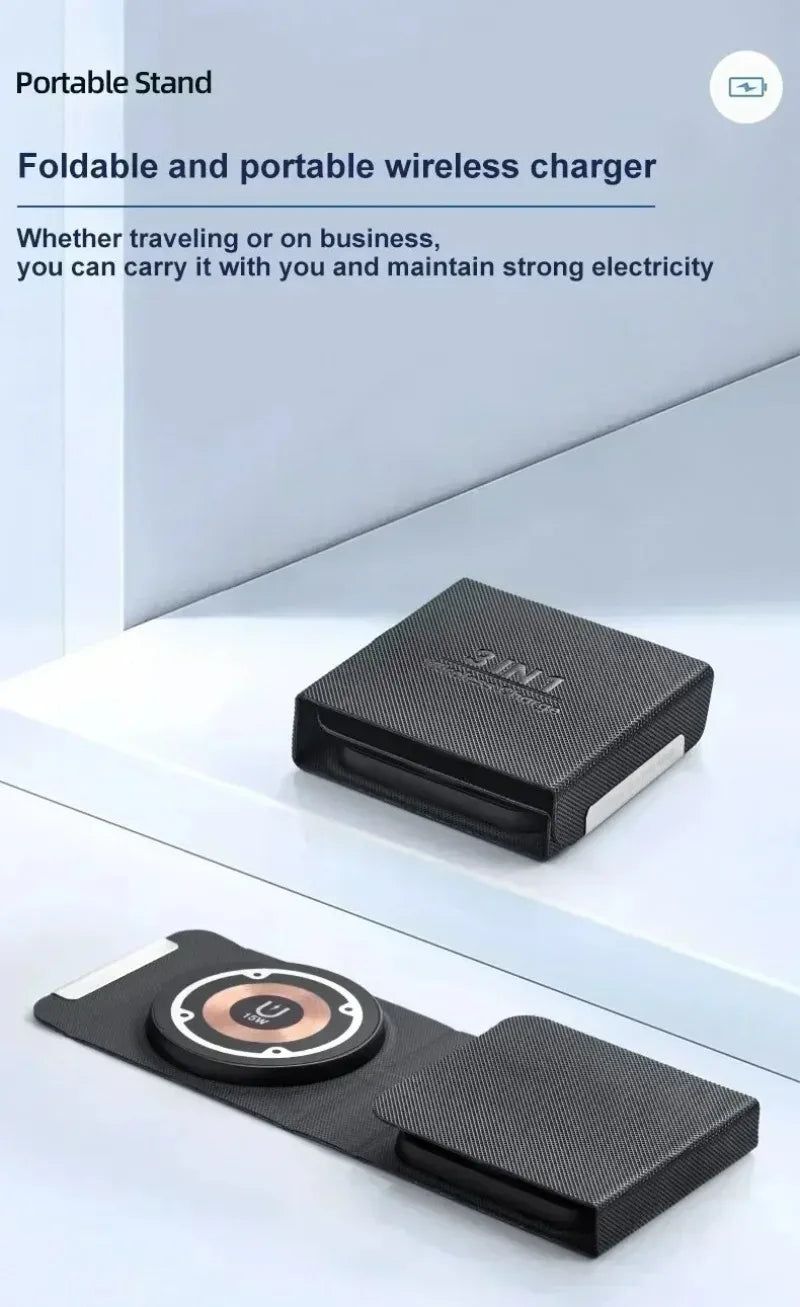 3-in-1 Magnetic Wireless Charger Dock Fabric Art Foldable Portable Fast Charging Station For Magsafe iPhone 16~12 AirPods iWatch