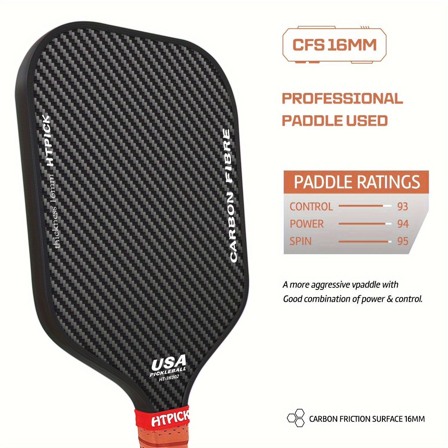High Spin 3K Raw Carbon Fiber Pickleball Paddle – 16mm Grit Surface