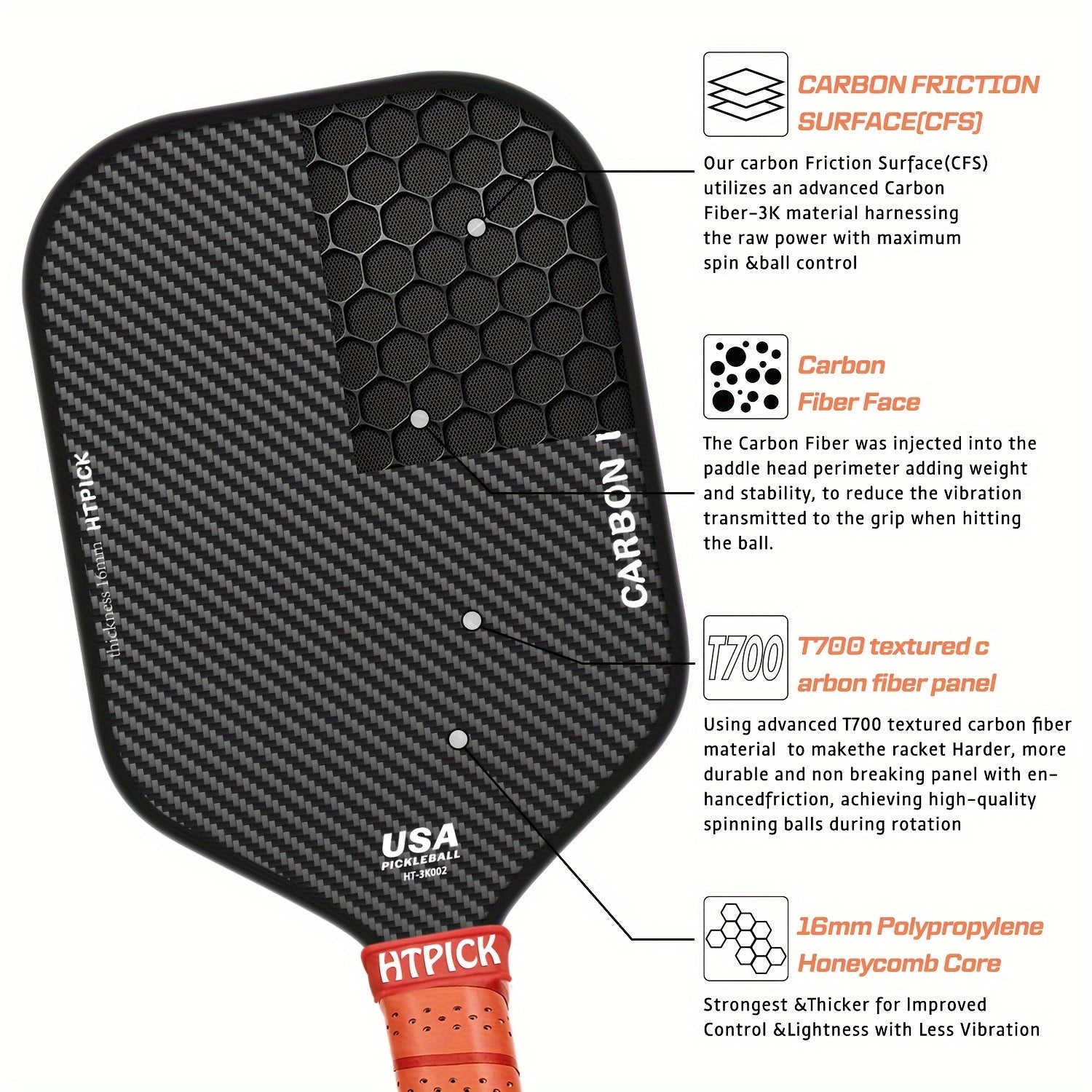 High Spin 3K Raw Carbon Fiber Pickleball Paddle – 16mm Grit Surface