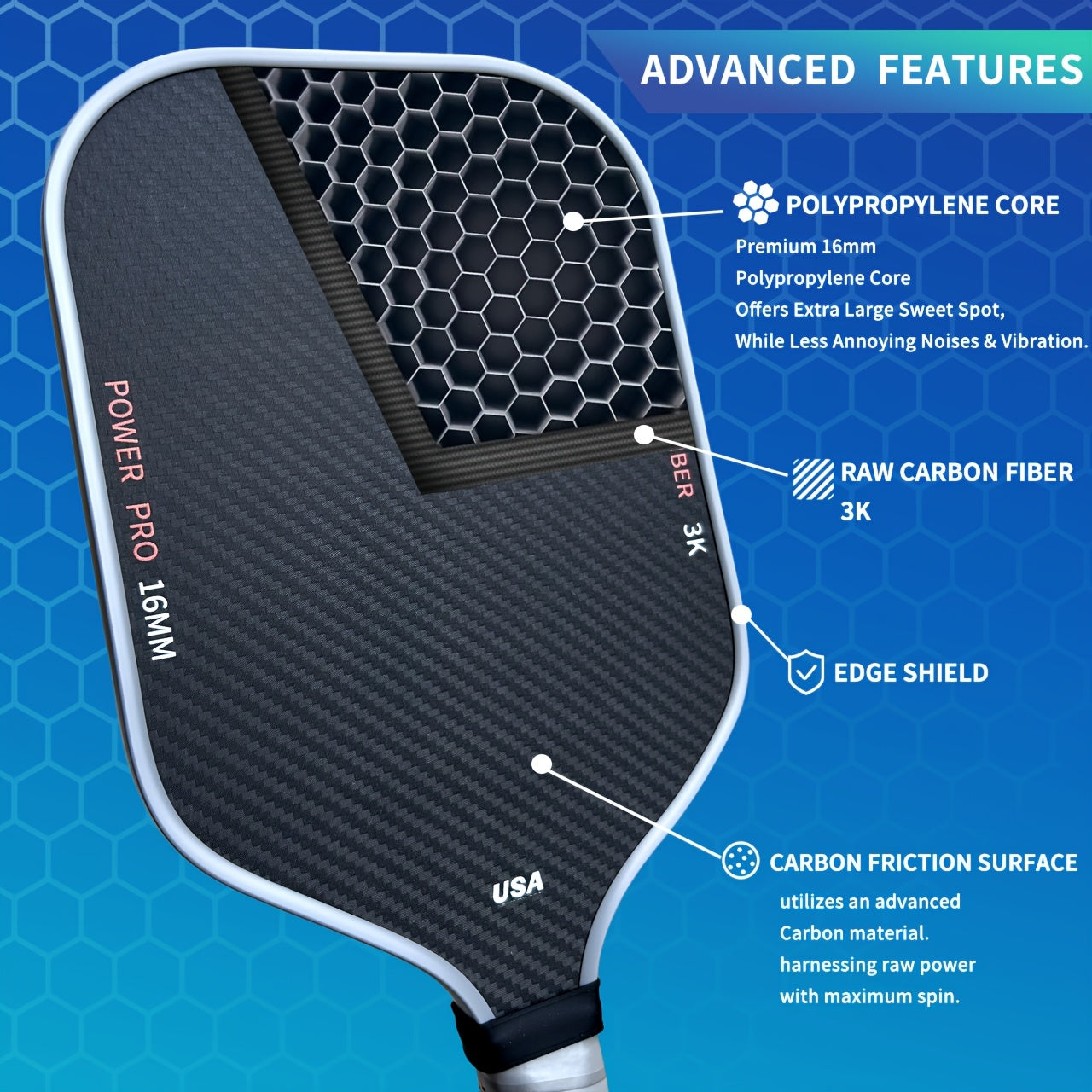 3K T700 Carbon Fiber Pickleball Paddle – High Friction, USA Designed