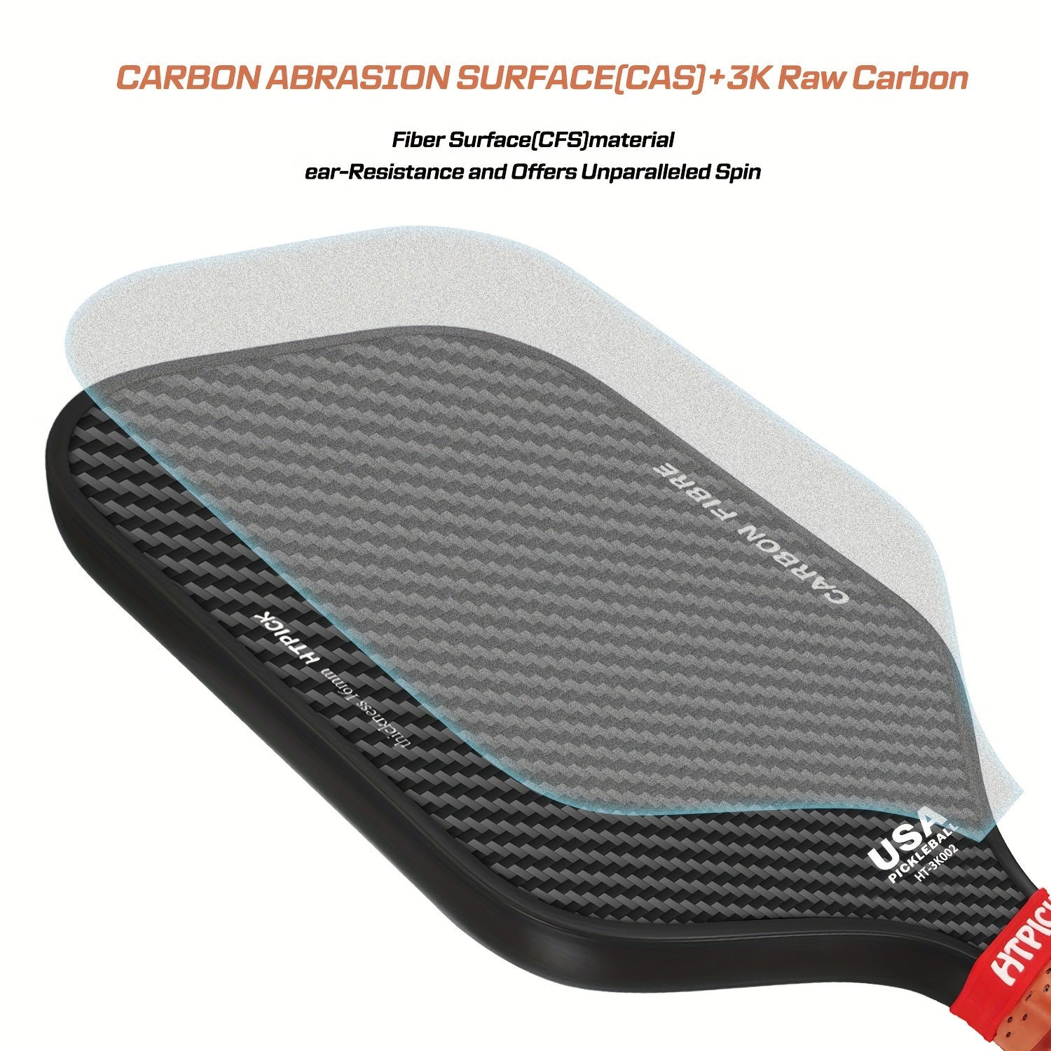 High Spin 3K Raw Carbon Fiber Pickleball Paddle – 16mm Grit Surface