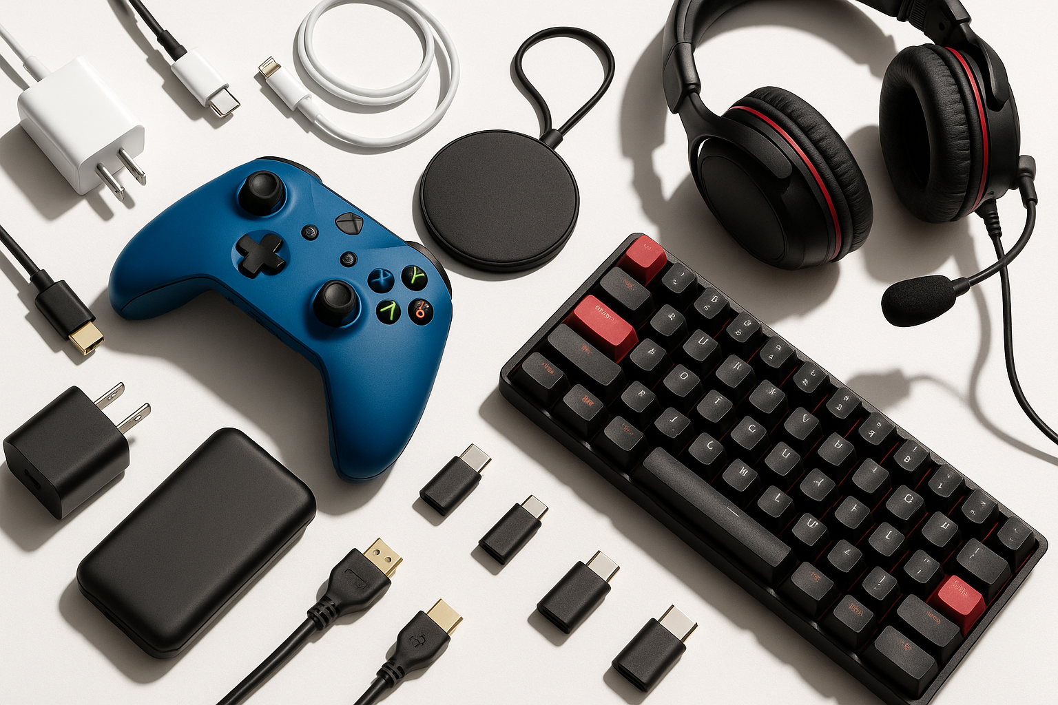 Electronics; such as chargers, cables, gaming equipment, etc