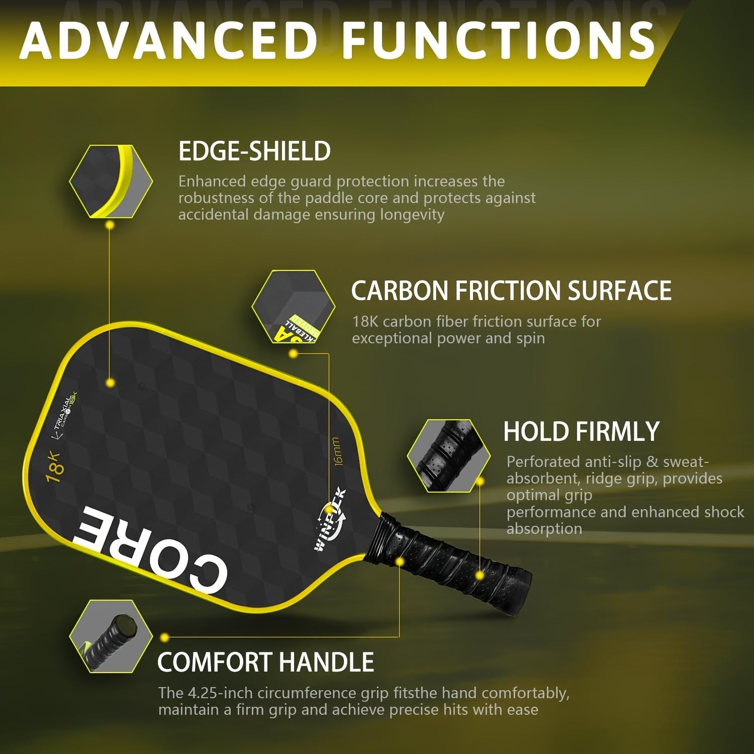 WINPICK 18K Carbon Abrasion Pickleball Paddle – Thermoformed, 16mm Core