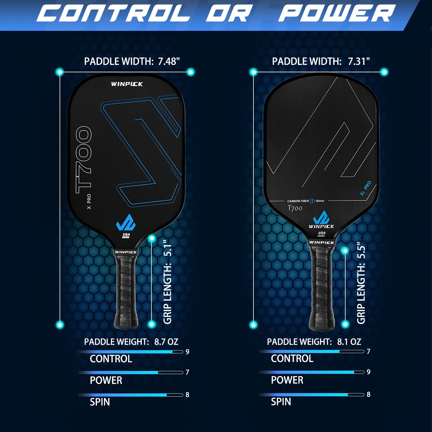 WINPICK Raw T700 Carbon Fiber Pickleball Paddle – 16mm Core